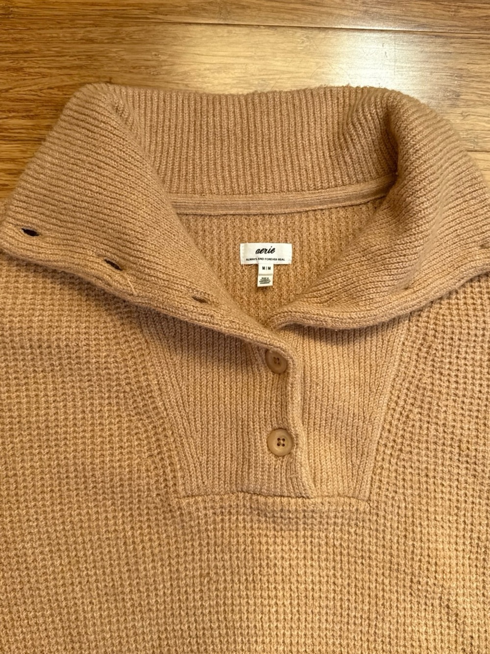Aerie Cozy Waffle-Knit Mock Neck fisherman Sweater - Camel - Picture 2 of 7